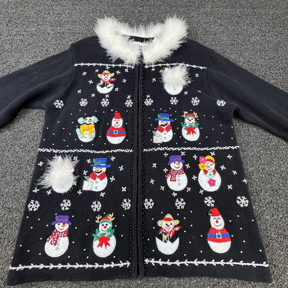 Victoria Jones Cardigan Womens S Black Fair Isle Embroidered Fur Trim Holiday